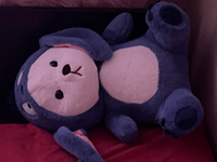 Мишка лежачий с капюшоном сине-белый 80 см. мягкая игрушка для детей, Стичь, обнимашка, домашний питомец #50, Мавлюд С.