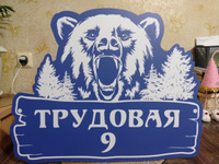 Адресная табличка на дом 530х420 мм. "Домовой знак Медведь", синяя, из пластика, УФ печать не выгорает #58, Татьяна В.