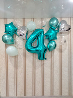 Набор бирюзовых воздушных шаров на день рождения 4 года / для девочки, мальчика, шар цифра 4 надувная + свечка для торта 4 Lockyer #33, Валентина С.