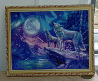 Алмазная мозаика на подрамнике Живопись Вышивка Картина стразами 40х50 см, Пейзаж "Волки воют на луну", полная выкладка #79, Анна К.