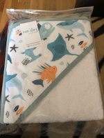 Полотенце для новорожденного с уголком Океан, Полотенце детское с капюшоном банное, махровое 90х90 см, варежка-мочалка, Mom'Story Design #59, Алиса П.