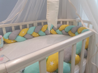 Бортик коса из хлопка 220 см. в детскую кроватку для новорожденного Мятный, желтый, серый. "Солнечная" #77, Елена Л.