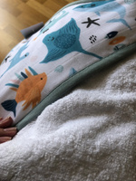 Полотенце для новорожденного с уголком Океан, Полотенце детское с капюшоном банное, махровое 90х90 см, варежка-мочалка, Mom'Story Design #61, Алиса П.