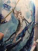 Штора для ванной "Кот на ките" тканевая занавеска в ванную комнату 180х180 см с крючками #15, Мария Р.