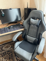 Кресло компьютерное Emperor Camp игровое с подножкой, офисный стул с подголовником и подушками, геймерское игровое кресло руководителя, износостойкая кожа, серый черный #8, Юлия Г.