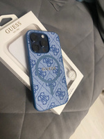 Чехол Guess PU leather MagSafe на Apple iPhone 15 Pro / для Айфон 15 Про из экокожи, с функцией Магсейф, с металлическим логотипом 4G Colored ring, синий #5, Светлана М.