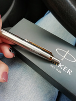 Ручка шариковая подарочная Parker Jotter Core Stainless Steel Gt, автоматическая, корпус серебристый, позолоченные детали, кнопочный механизм, чернила синие, подарочный футляр #27, Ташлыкова Юлия